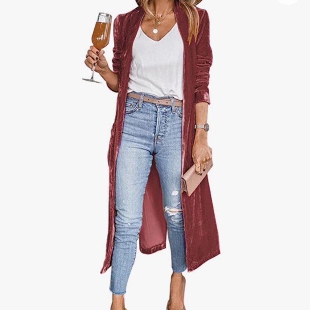 Longline Velvet Retro Duster Coat Jacket in Powder Blue - Picture 13 of 16